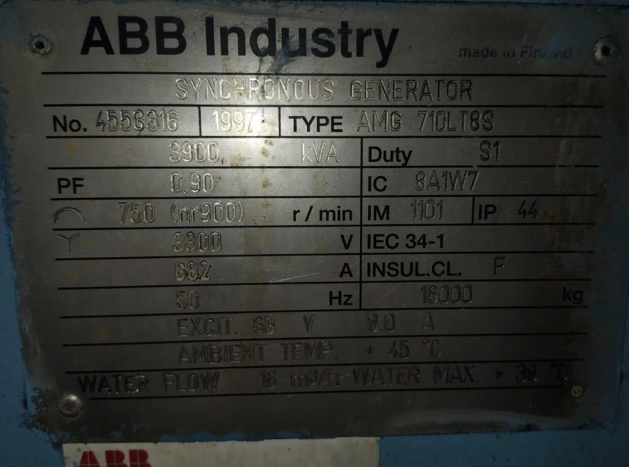 ABB AMG 710L8S synchronous generator nameplate